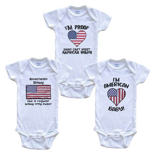 Mom is American Baby Bodysuits Funny United States Flag 3 Piece Gift Set
