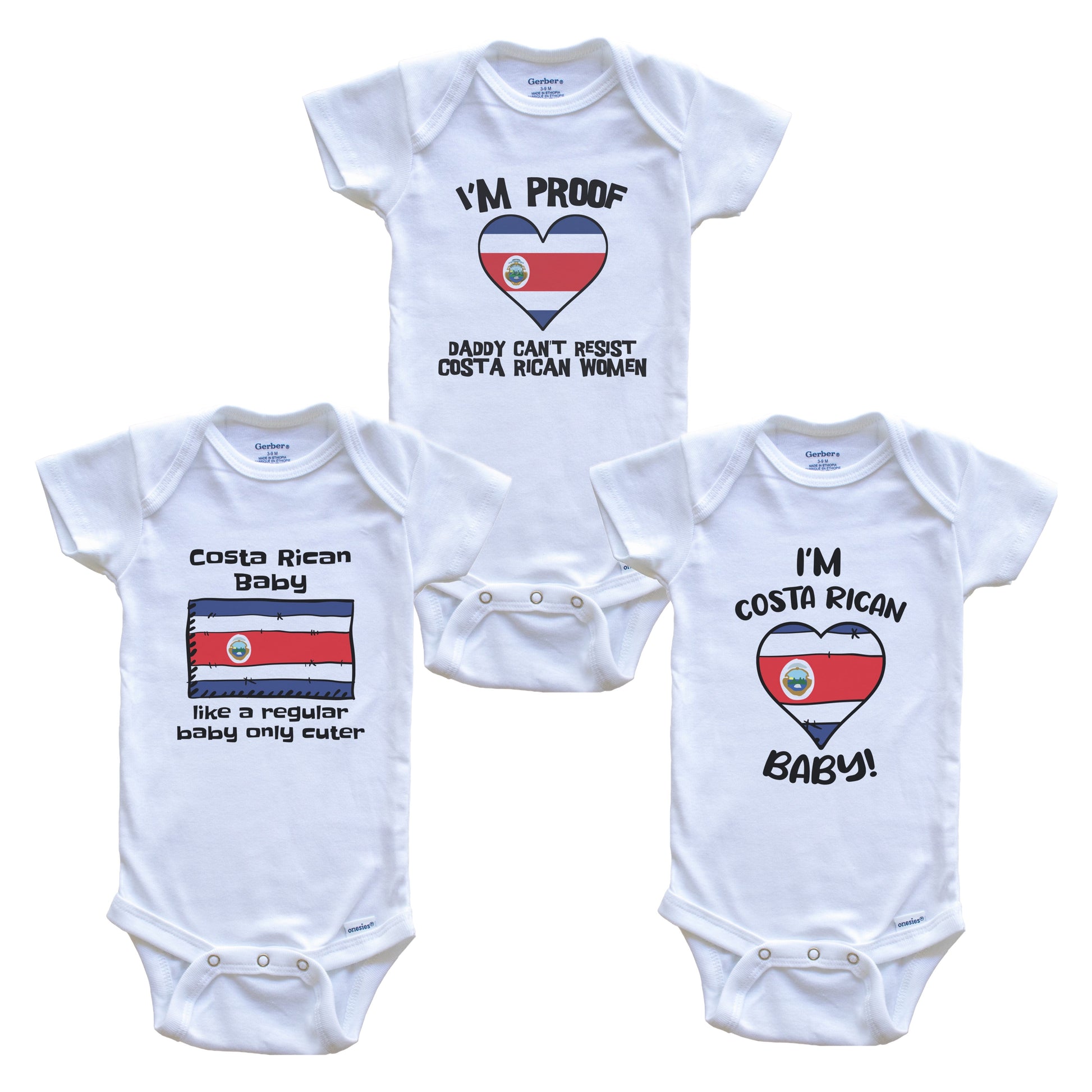 Mom is Costa Rican Baby Bodysuits Funny Costa Rica Flag 3 Piece Gift Set