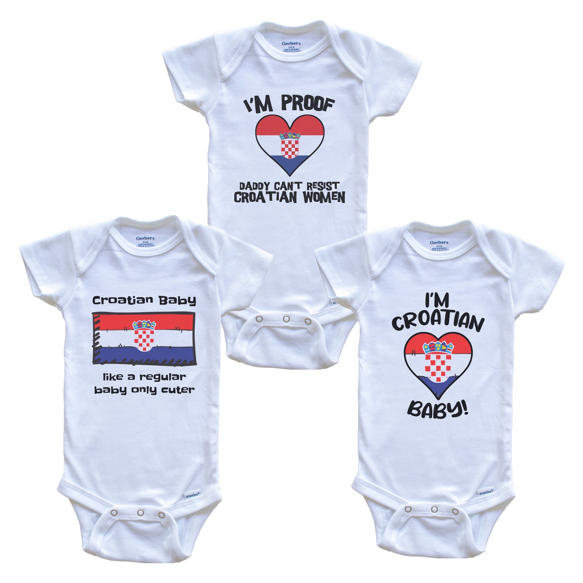 Mom is Croatian Baby Bodysuits Funny Croatia Flag 3 Piece Gift Set