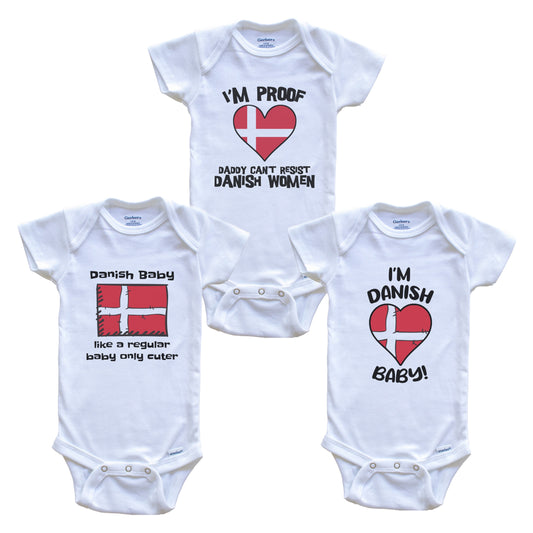 Mom is Danish Baby Bodysuits Funny Denmark Flag 3 Piece Gift Set