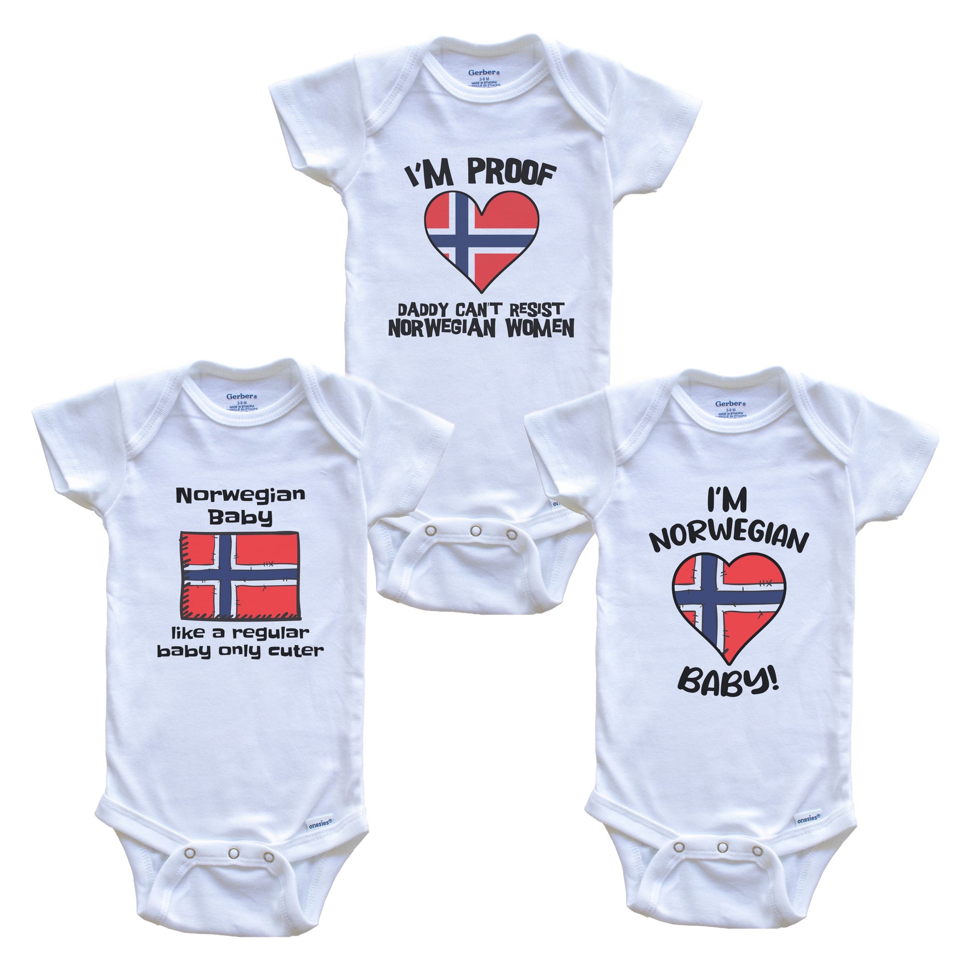 Mom is Norwegian Baby Bodysuits Funny Norway Flag 3 Piece Gift Set