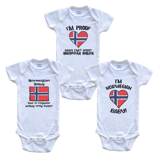 Mom is Norwegian Baby Bodysuits Funny Norway Flag 3 Piece Gift Set