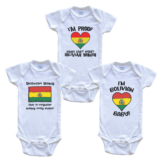 Mom is Bolivian Baby Bodysuits Funny Bolivia Flag 3 Piece Gift Set