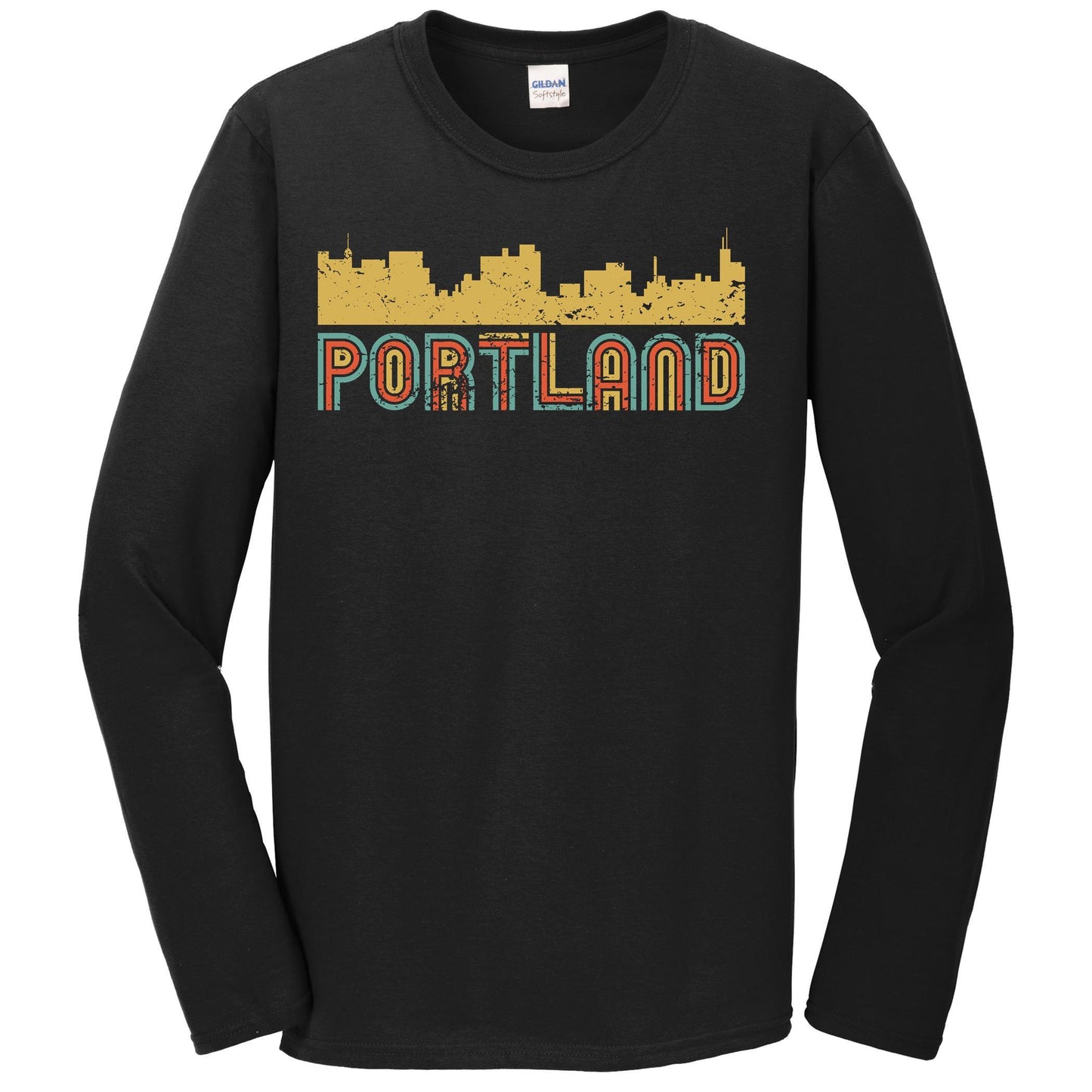 Retro Portland Maine Skyline Long Sleeve T-Shirt