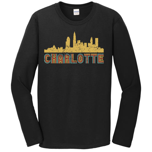 Retro Charlotte North Carolina Skyline Long Sleeve T-Shirt