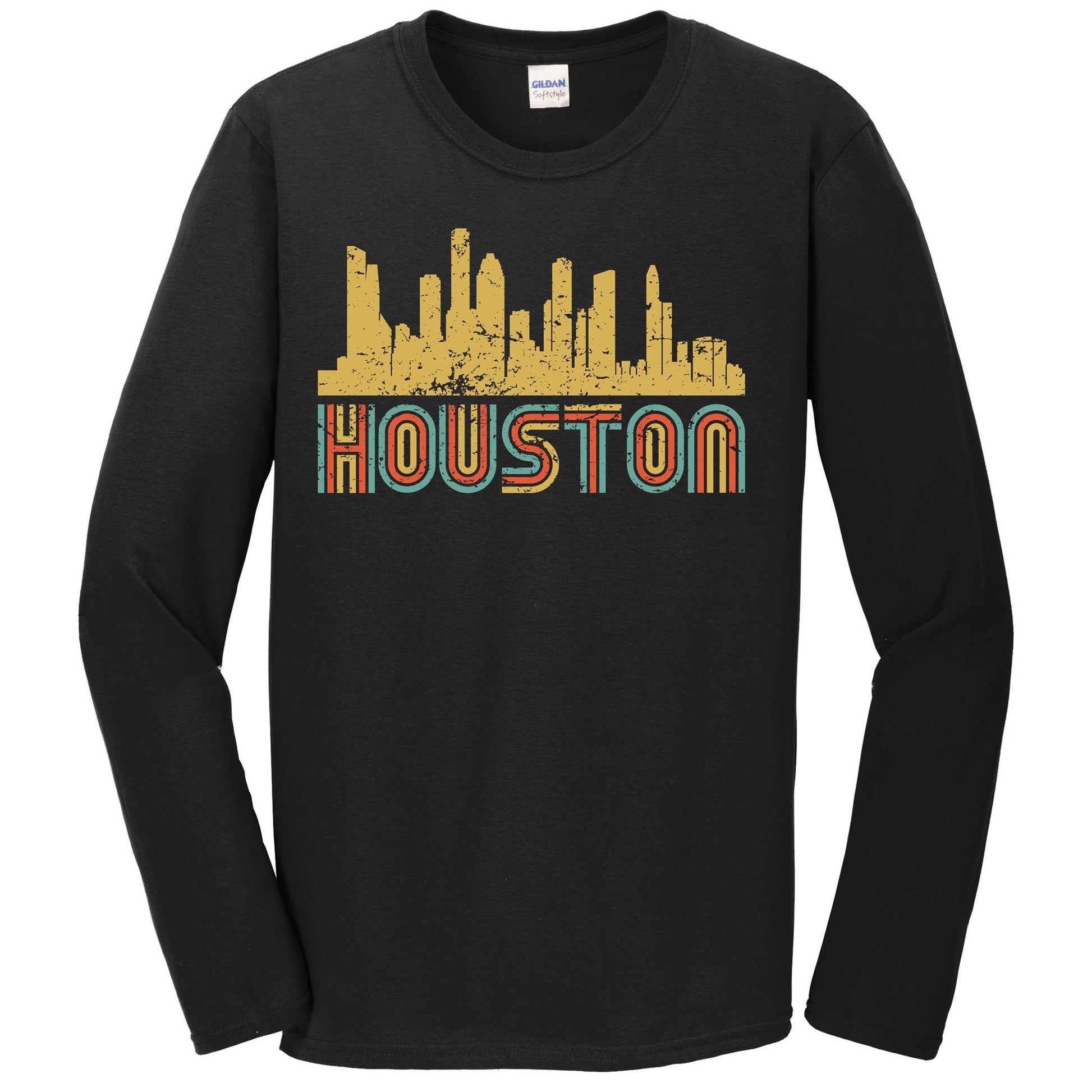 Retro Houston Texas Skyline Long Sleeve T-Shirt