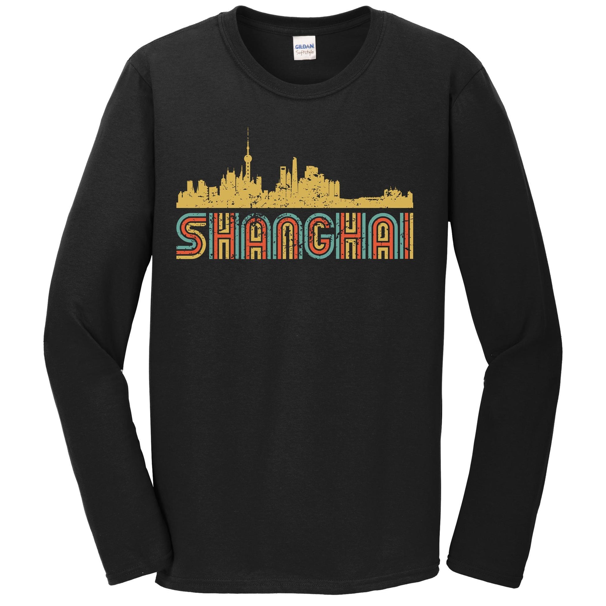 Retro Shanghai China Skyline Long Sleeve T-Shirt