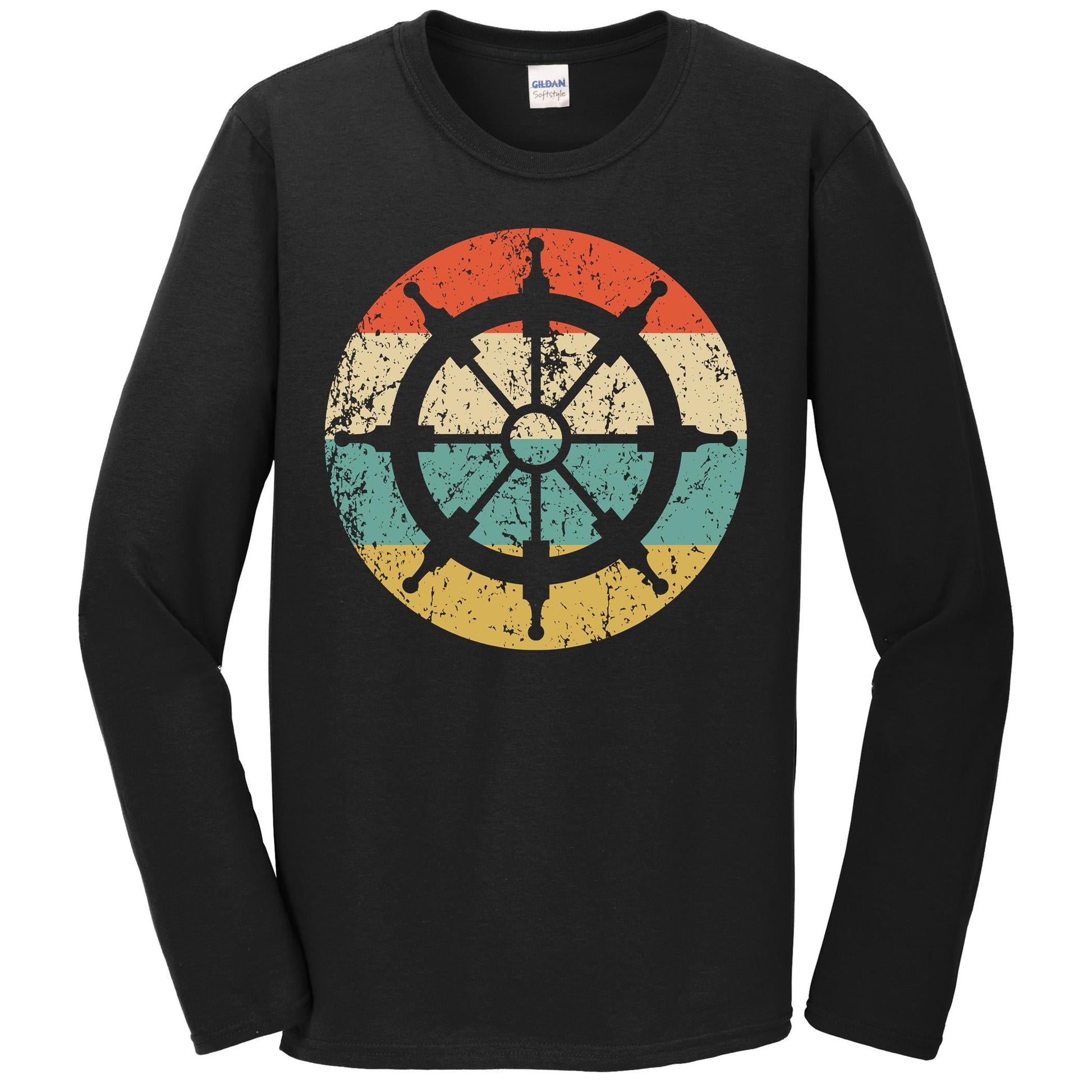 Nautical Sailing Retro Sailboat Steering Wheel Icon Long Sleeve T-Shirt