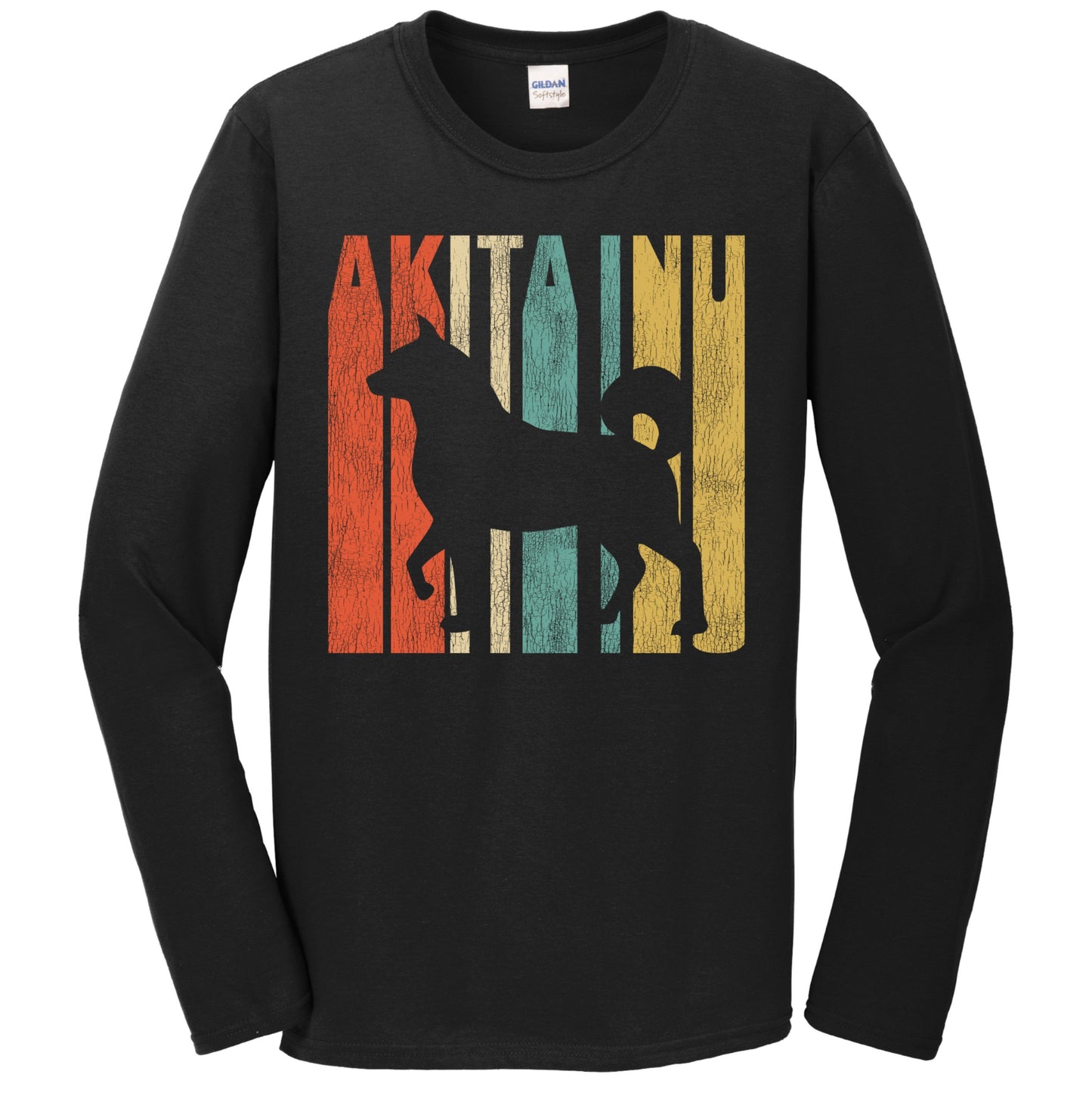 Retro 1970's Style Akita Inu Dog Silhouette Akita Cracked Distressed Long Sleeve T-Shirt