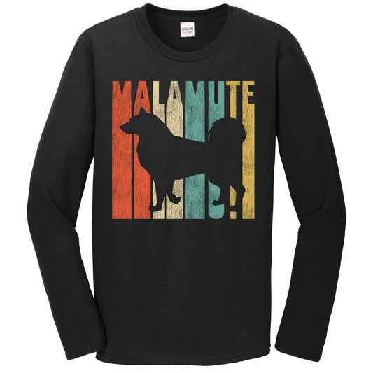 Retro 1970's Style Alaskan Malamute Dog Silhouette Malamute Cracked Distressed Long Sleeve T-Shirt