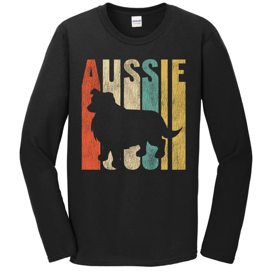Retro 1970's Style Aussie Dog Silhouette Australian Shepherd Cracked Distressed Long Sleeve T-Shirt