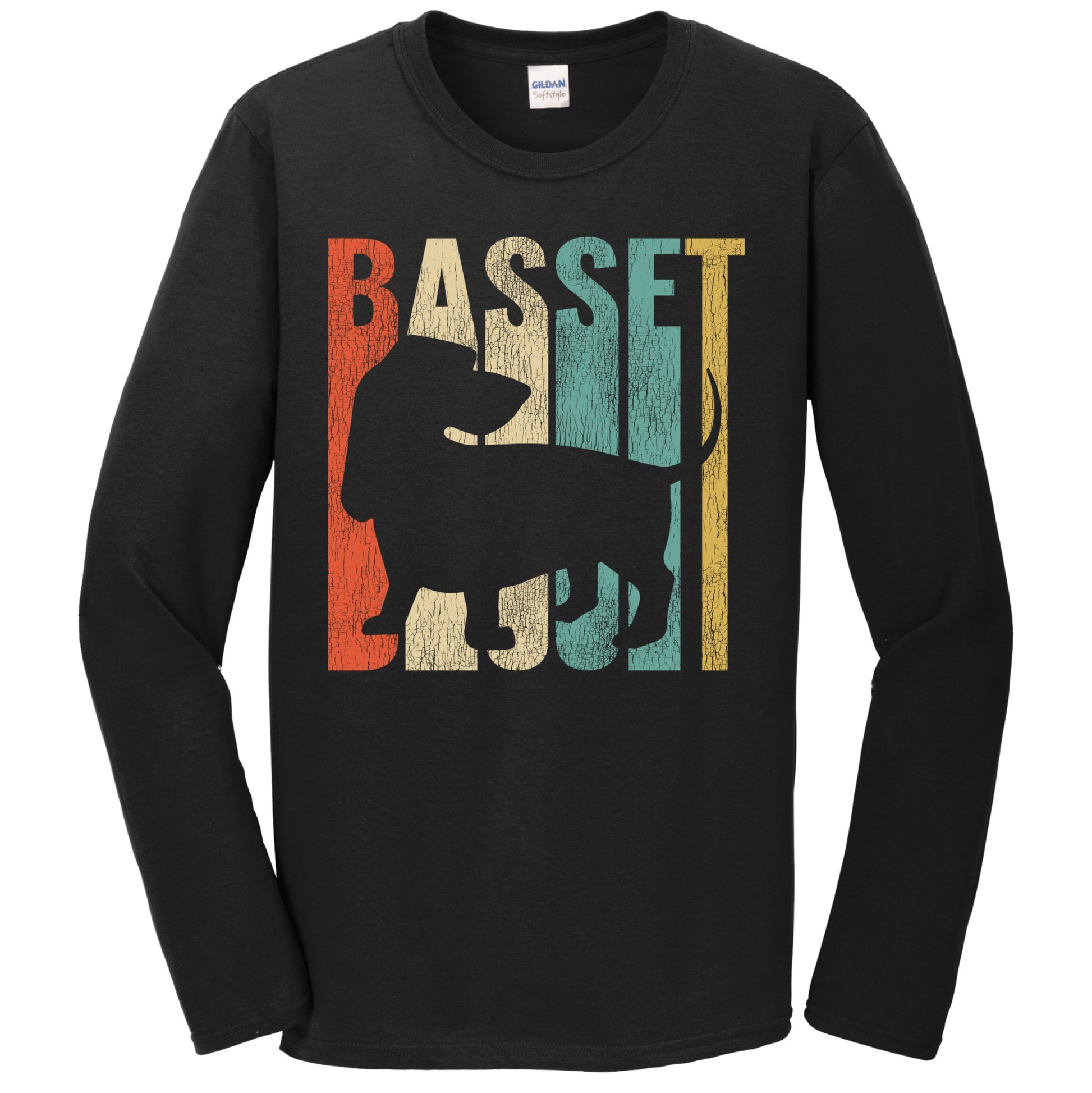 Retro 1970's Style Basset Hound Dog Silhouette Cracked Distressed Long Sleeve T-Shirt