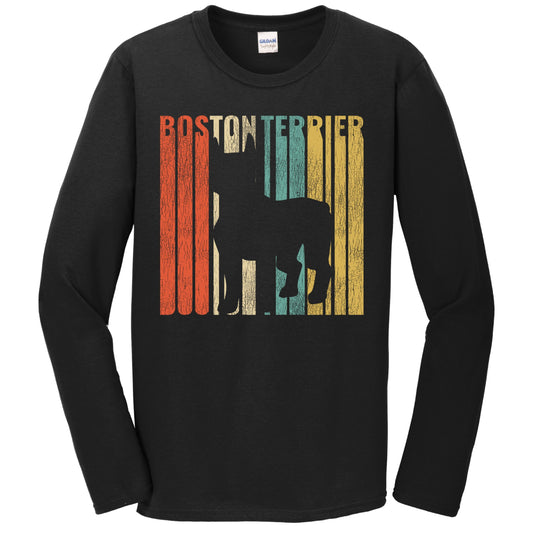 Retro 1970's Style Boston Terrier Dog Silhouette Cracked Distressed Long Sleeve T-Shirt