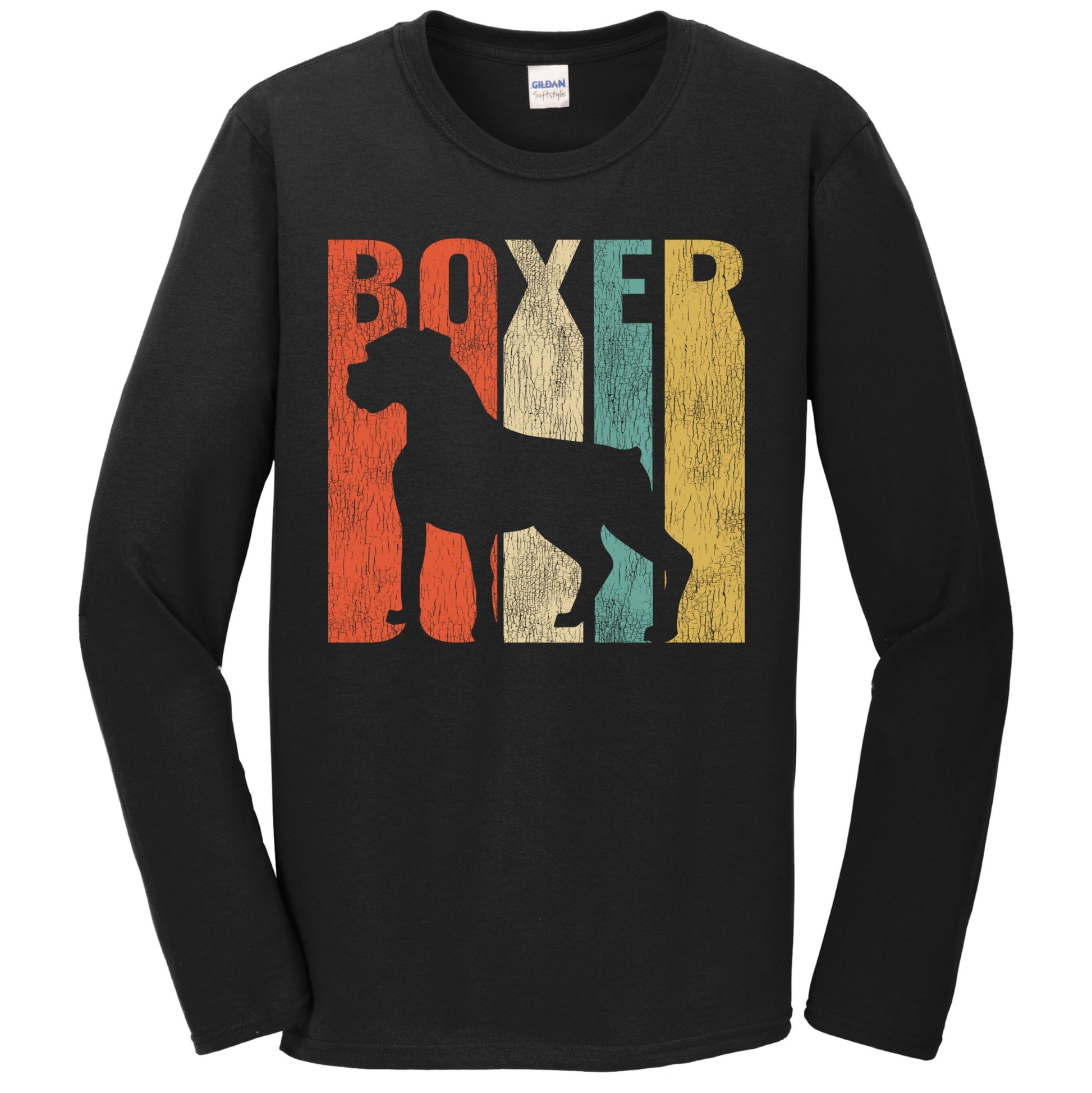 Retro 1970's Style Boxer Dog Silhouette Cracked Distressed Long Sleeve T-Shirt