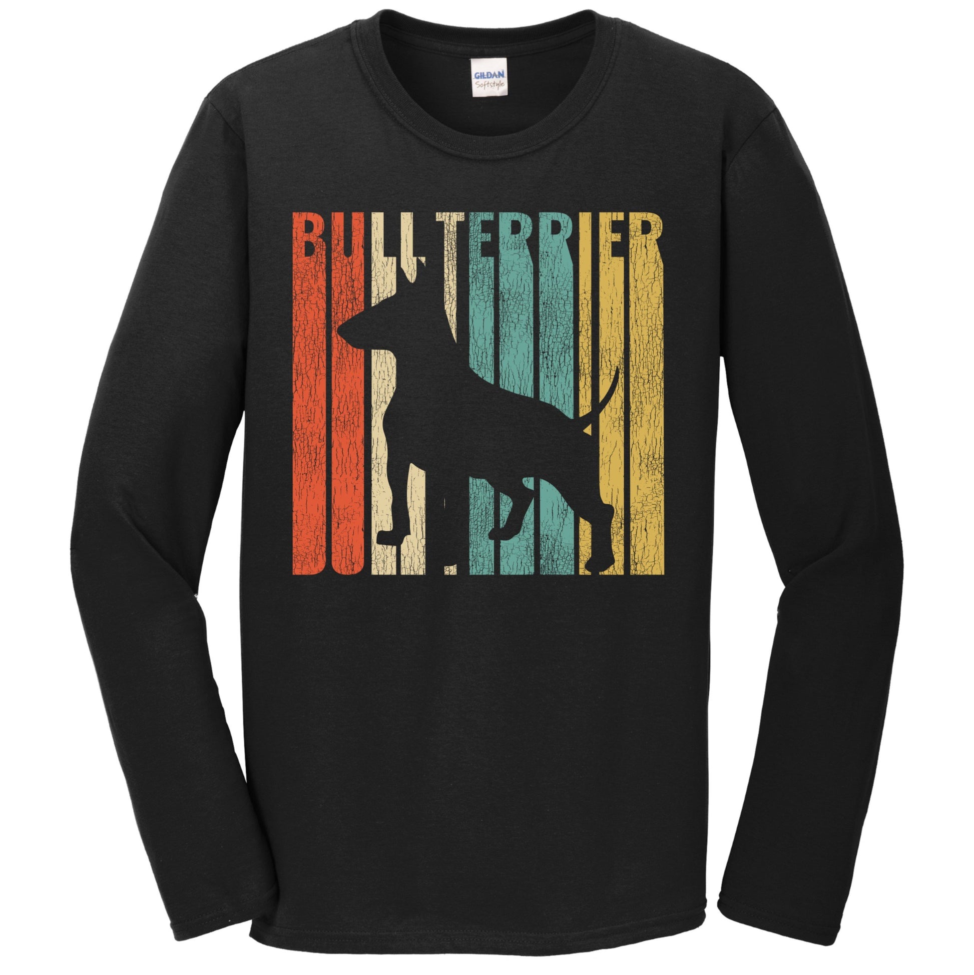 Retro 1970's Style Bull Terrier Dog Silhouette Cracked Distressed Long Sleeve T-Shirt