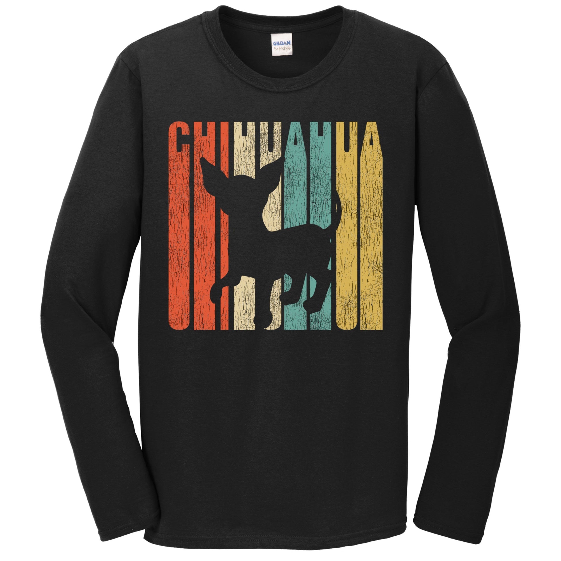 Retro 1970's Style Chihuahua Dog Silhouette Cracked Distressed Long Sleeve T-Shirt