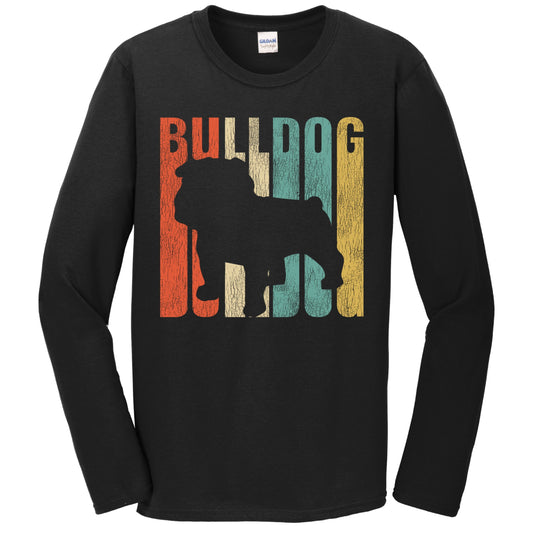 Retro 1970's Style English Bulldog Dog Silhouette Bulldog Cracked Distressed Long Sleeve T-Shirt