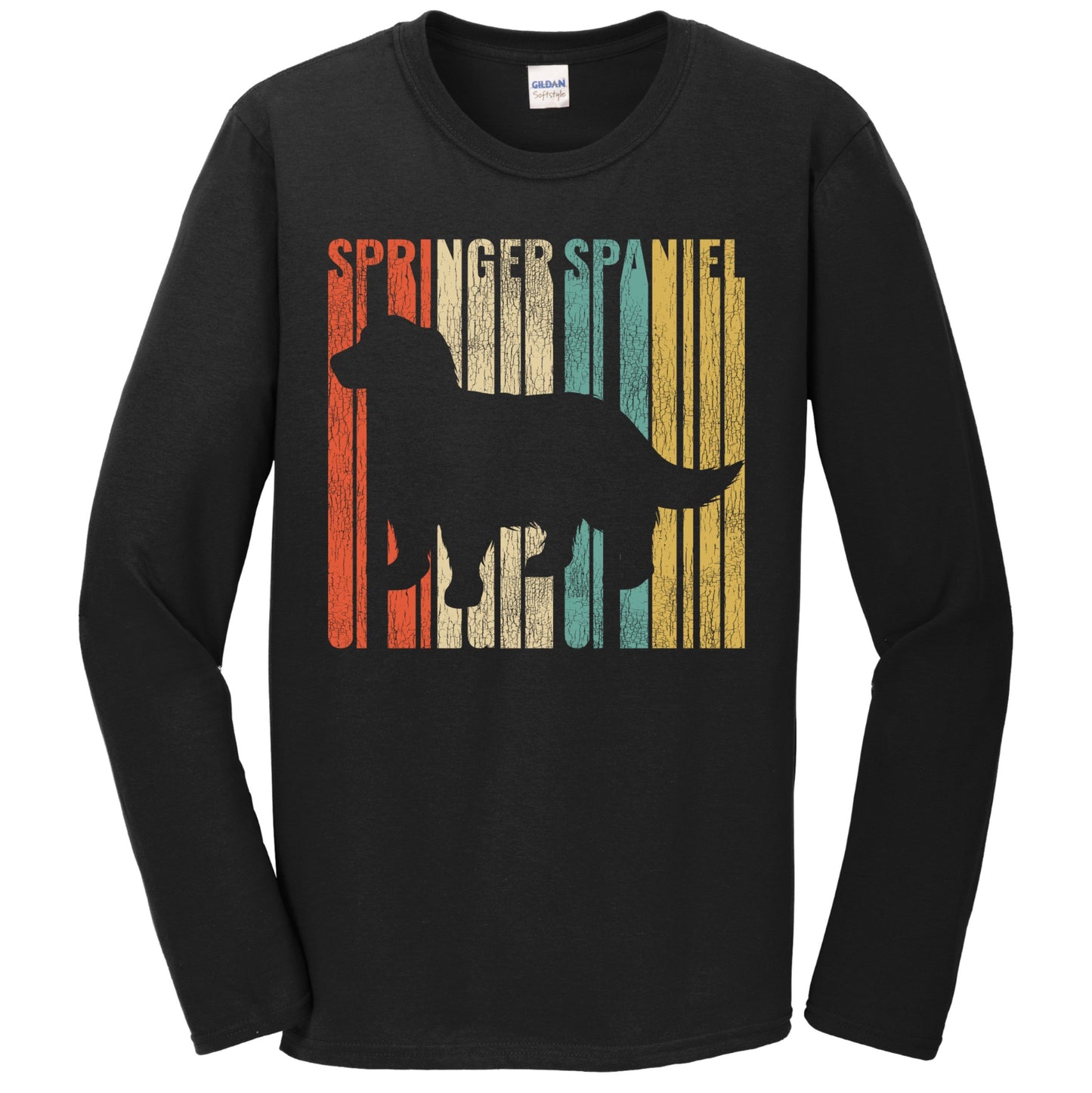 Retro 1970's Style English Springer Spaniel Dog Silhouette Cracked Distressed Long Sleeve T-Shirt