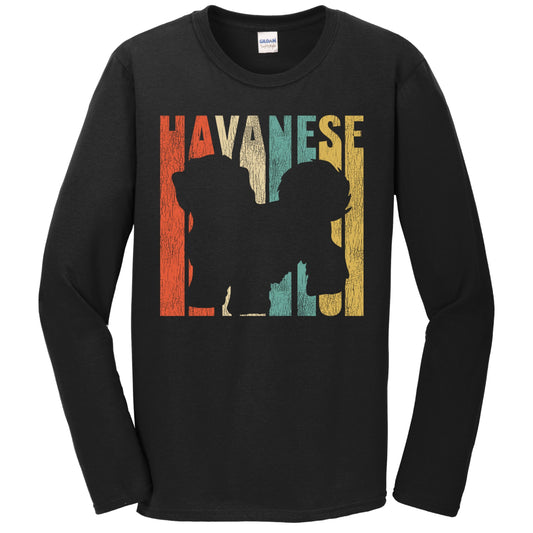 Retro 1970's Style Havanese Dog Silhouette Cracked Distressed Long Sleeve T-Shirt