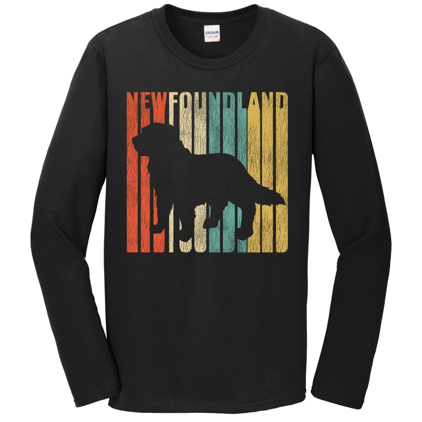 Retro 1970's Style Newfoundland Dog Silhouette Newfie Cracked Distressed Long Sleeve T-Shirt