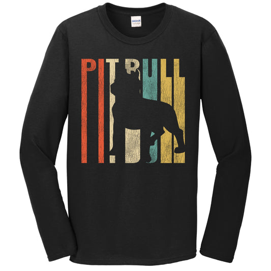 Retro 1970's Style Pit Bull Dog Silhouette Pitty Cracked Distressed Long Sleeve T-Shirt