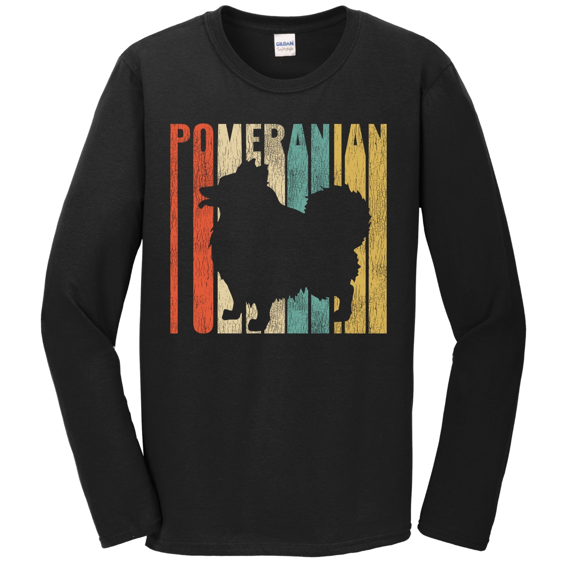 Retro 1970's Style Pomeranian Dog Silhouette Cracked Distressed Long Sleeve T-Shirt