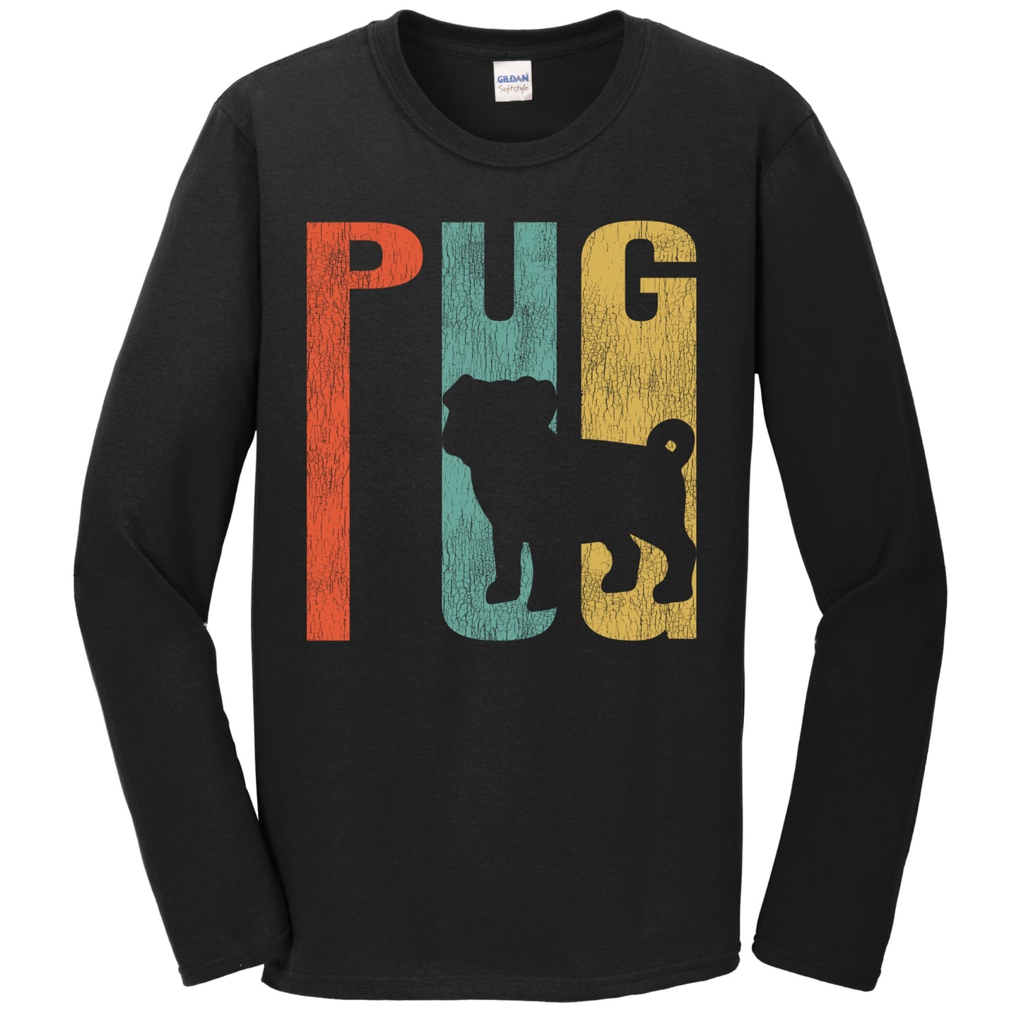 Retro 1970's Style Pug Dog Silhouette Cracked Distressed Long Sleeve T-Shirt