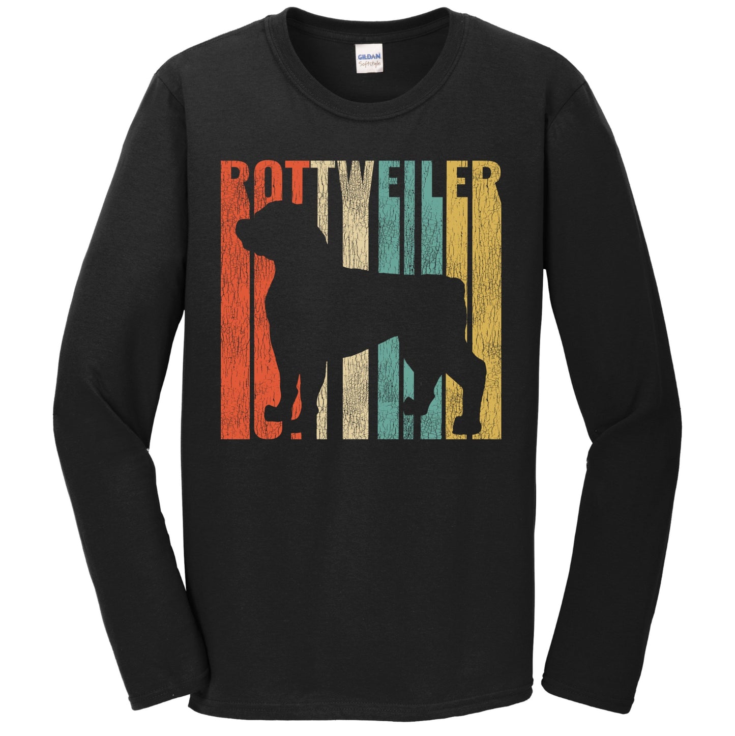 Retro 1970's Style Rottweiler Dog Silhouette Cracked Distressed Long Sleeve T-Shirt
