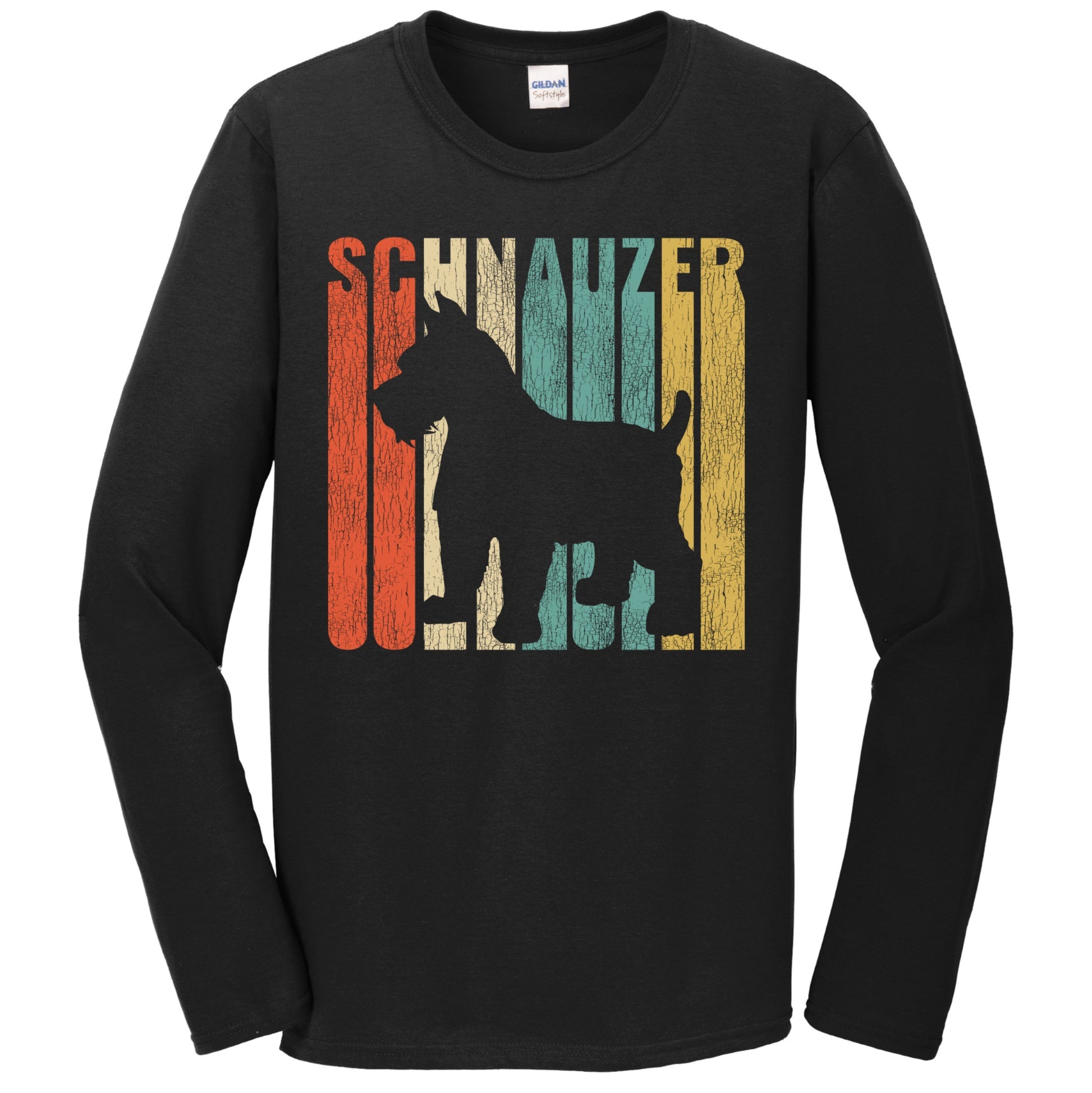 Retro 1970's Style Schnauzer Dog Silhouette Cracked Distressed Long Sleeve T-Shirt