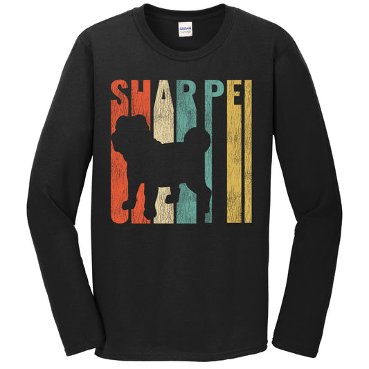 Retro 1970's Style Shar Pei Dog Silhouette Cracked Distressed Long Sleeve T-Shirt