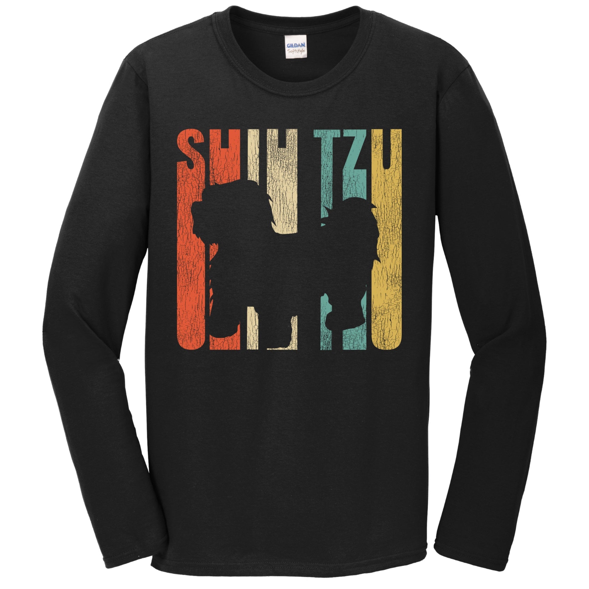 Retro 1970's Style Shih Tzu Dog Silhouette Cracked Distressed Long Sleeve T-Shirt