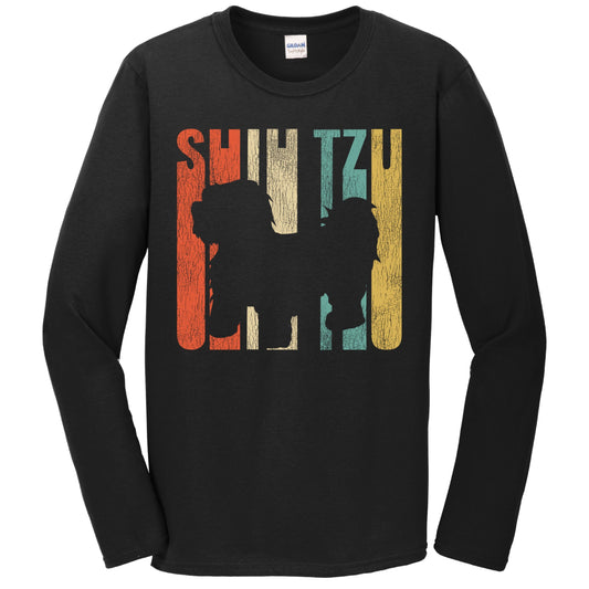 Retro 1970's Style Shih Tzu Dog Silhouette Cracked Distressed Long Sleeve T-Shirt