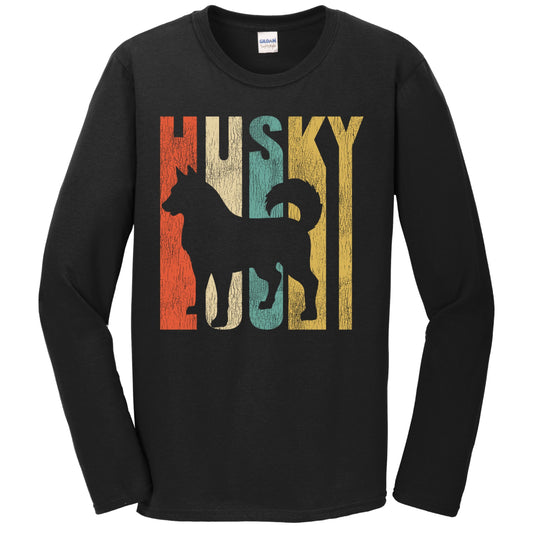 Retro 1970's Style Siberian Husky Dog Silhouette Cracked Distressed Long Sleeve T-Shirt