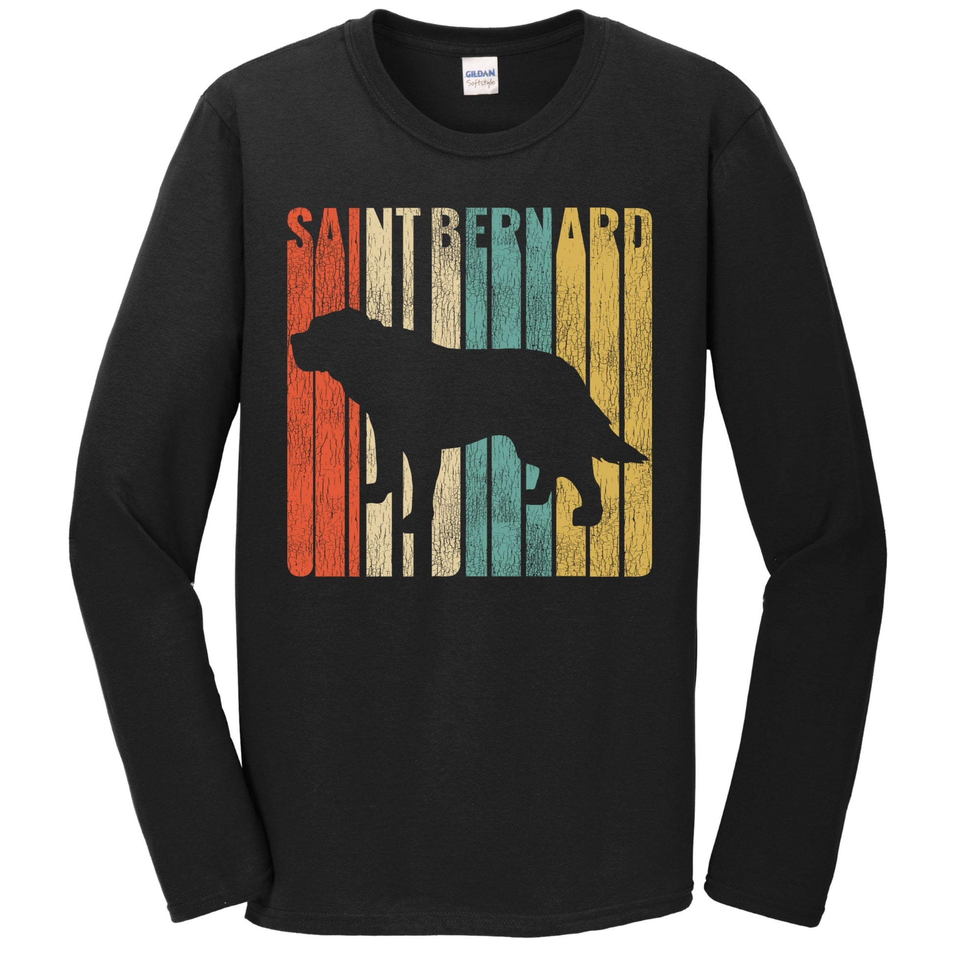 Retro 1970's Style St. Bernard Dog Silhouette Saint Bernard Cracked Distressed Long Sleeve T-Shirt