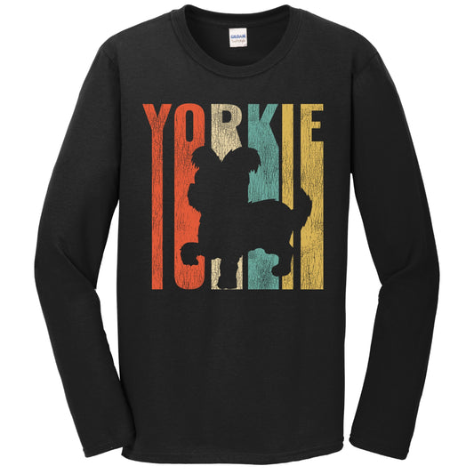Retro 1970's Style Yorkshire Terrier Dog Silhouette Yorkie Cracked Distressed Long Sleeve T-Shirt