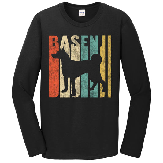 Retro 1970's Style Basenji Dog Silhouette Cracked Distressed Long Sleeve T-Shirt