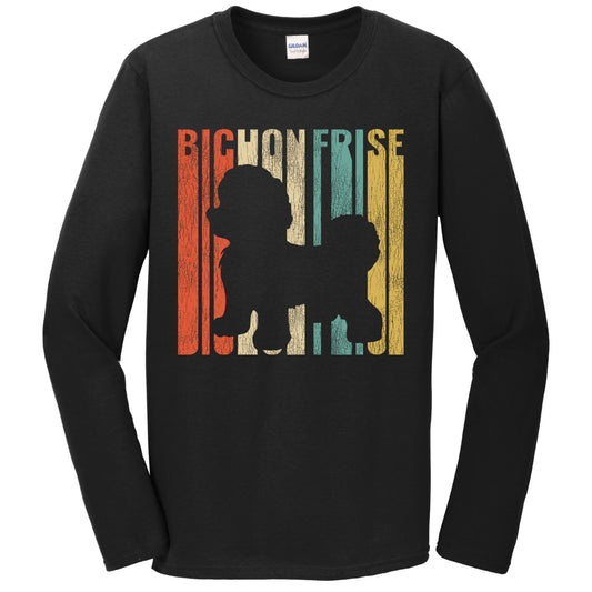 Retro 1970's Style Bichon Frise Dog Silhouette Cracked Distressed Long Sleeve T-Shirt