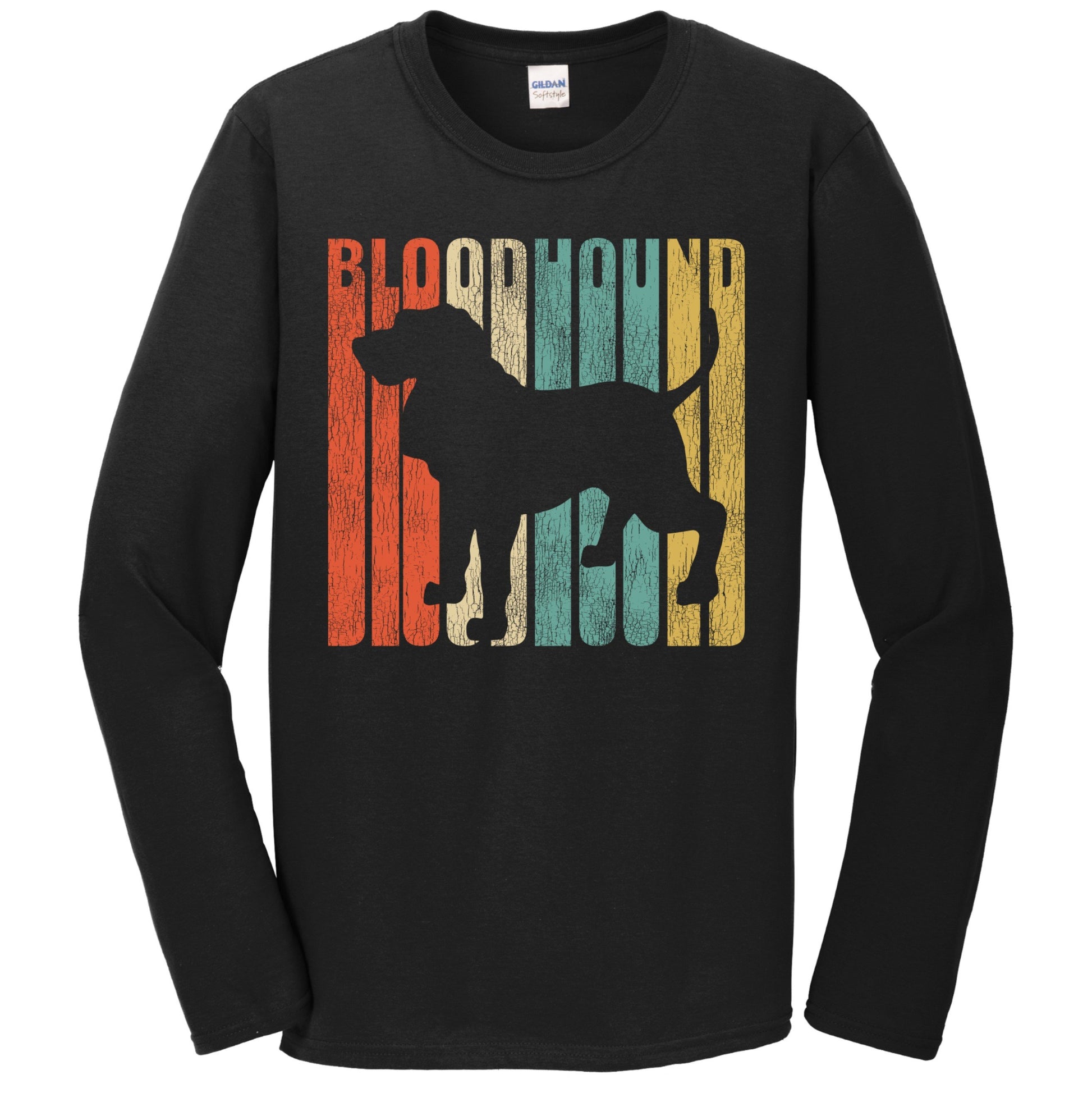 Retro 1970's Style Bloodhound Dog Silhouette Cracked Distressed Long Sleeve T-Shirt