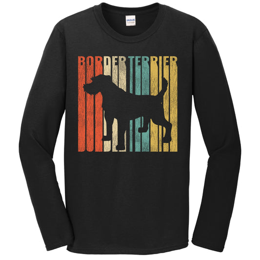 Retro 1970's Style Border Terrier Dog Silhouette Cracked Distressed Long Sleeve T-Shirt