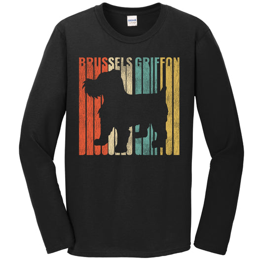 Retro 1970's Style Brussels Griffon Dog Silhouette Cracked Distressed Long Sleeve T-Shirt