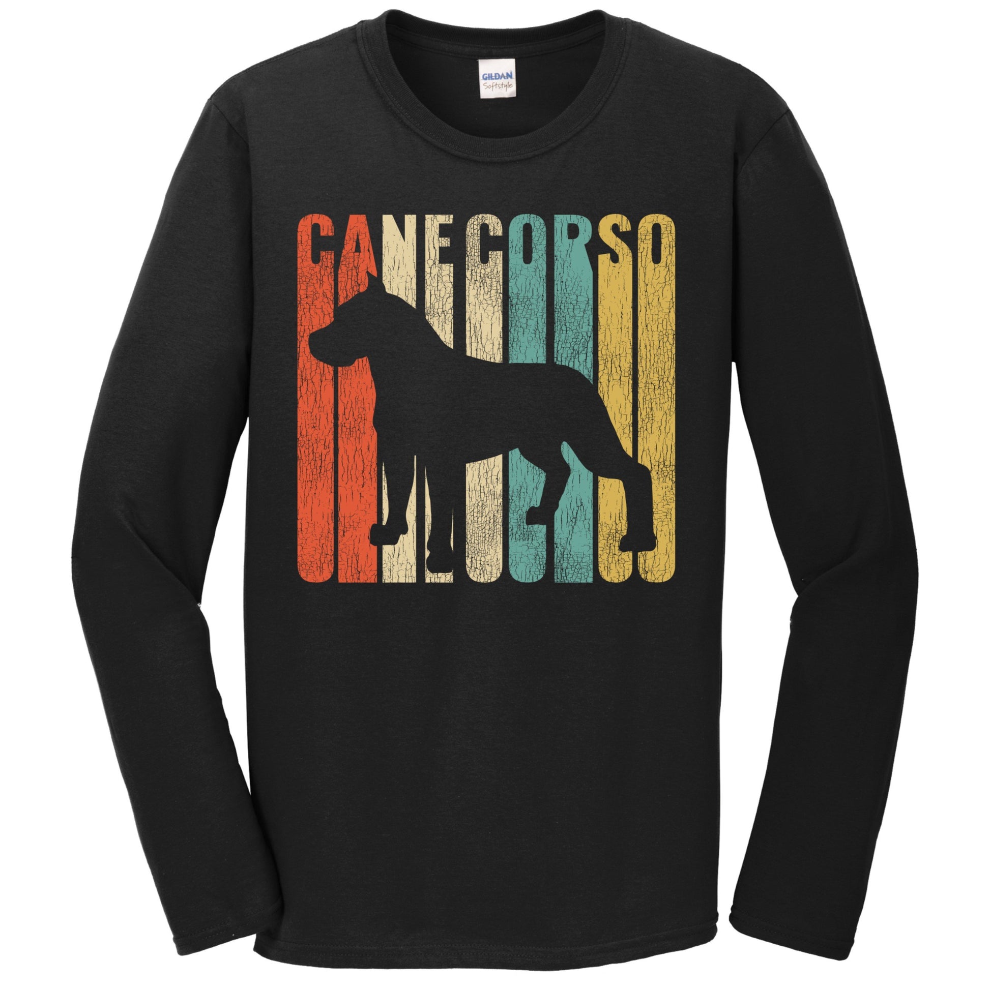 Retro 1970's Style Cane Corso Dog Silhouette Cracked Distressed Long Sleeve T-Shirt