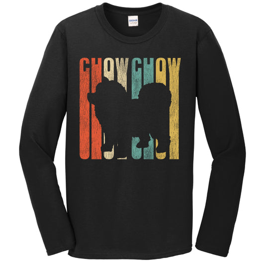 Retro 1970's Style Chow Chow Dog Silhouette Cracked Distressed Long Sleeve T-Shirt