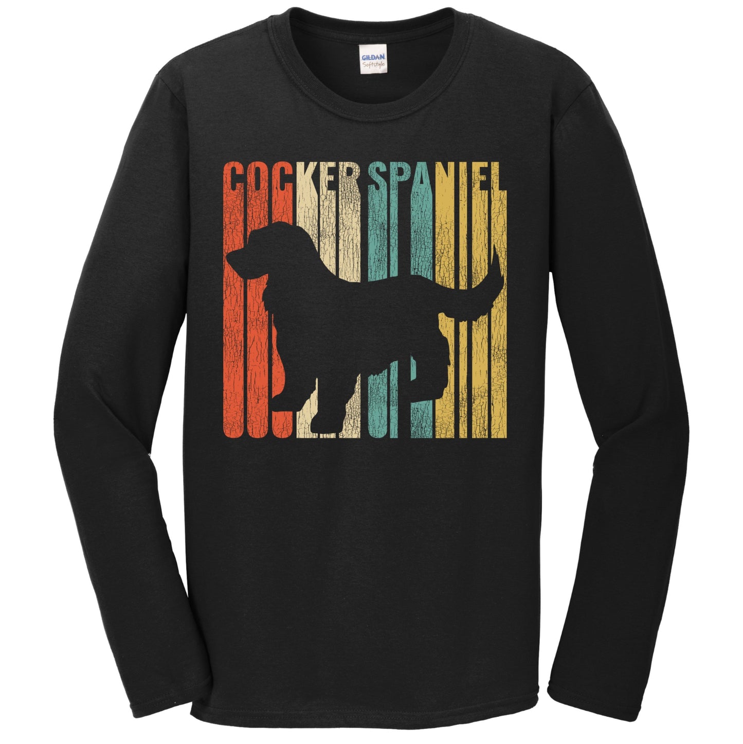 Retro 1970's Style Cocker Spaniel Dog Silhouette Cracked Distressed Long Sleeve T-Shirt