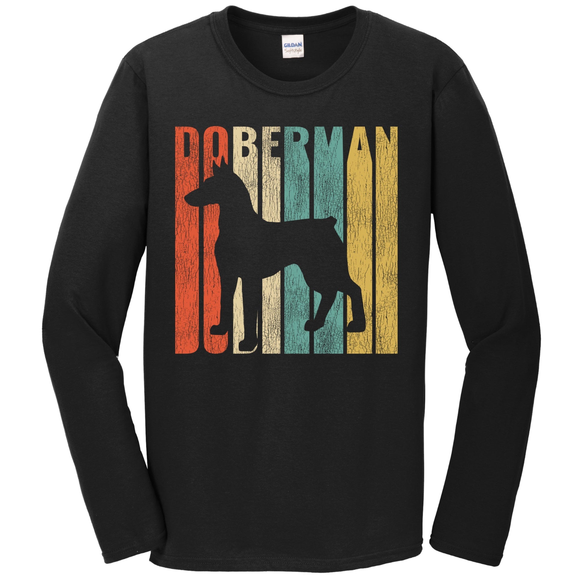 Retro 1970's Style Doberman Dog Silhouette Cracked Distressed Long Sleeve T-Shirt