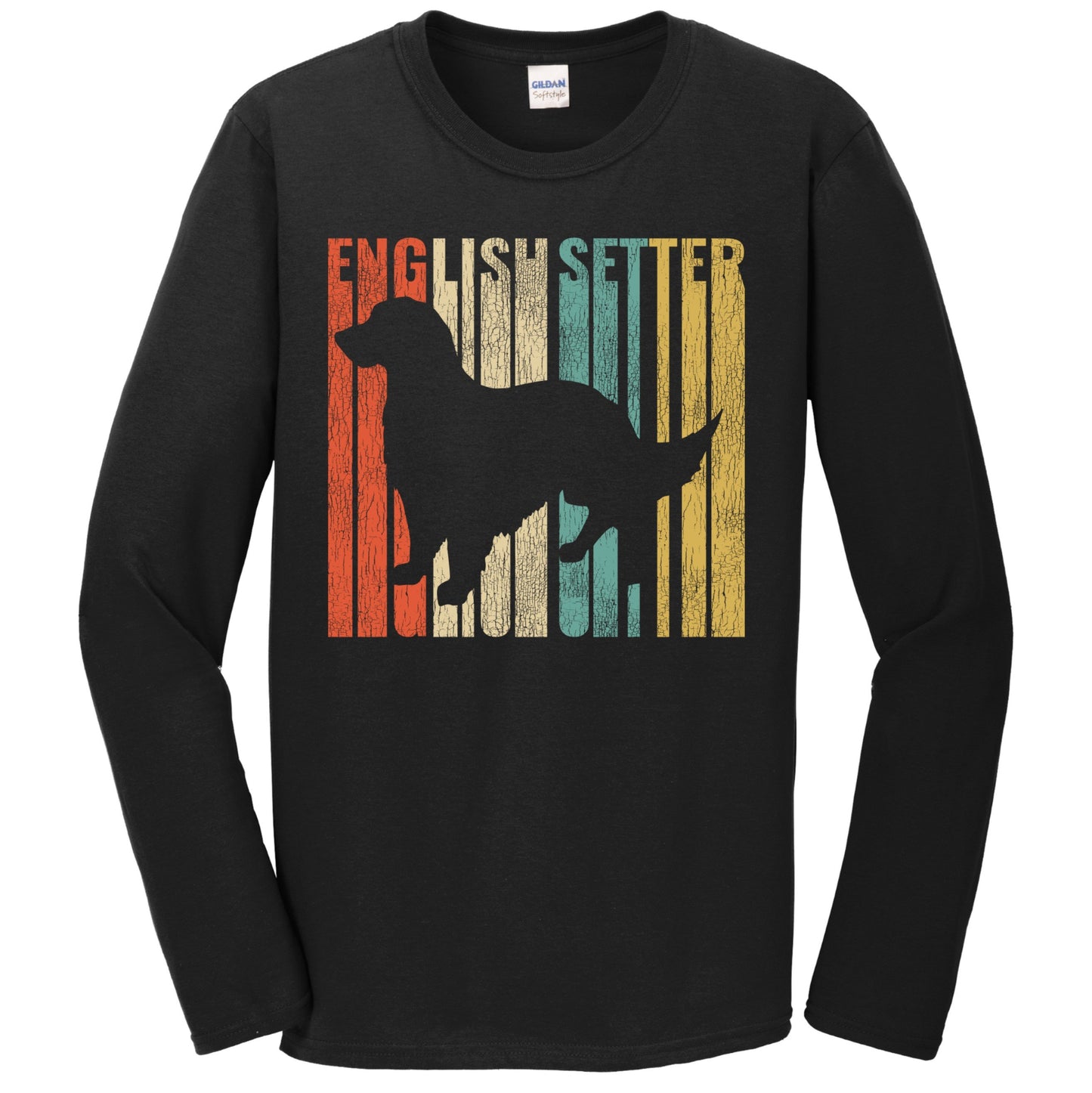 Retro 1970's Style English Setter Dog Silhouette Cracked Distressed Long Sleeve T-Shirt