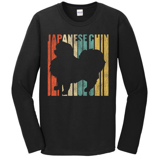 Retro 1970's Style Japanese Chin Dog Silhouette Cracked Distressed Long Sleeve T-Shirt