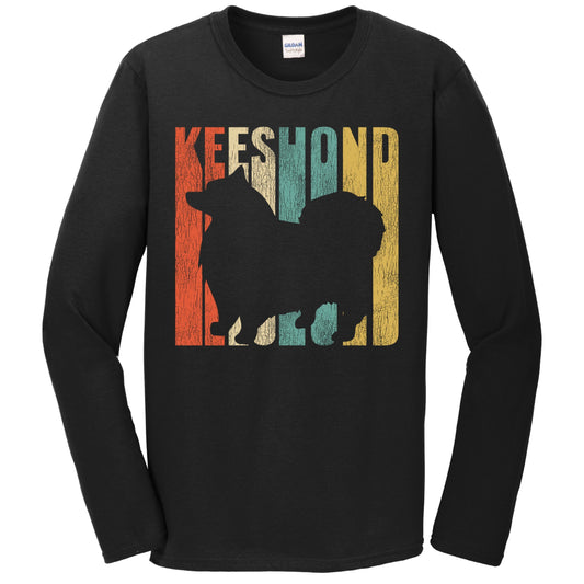 Retro 1970's Style Keeshond Dog Silhouette Cracked Distressed Long Sleeve T-Shirt