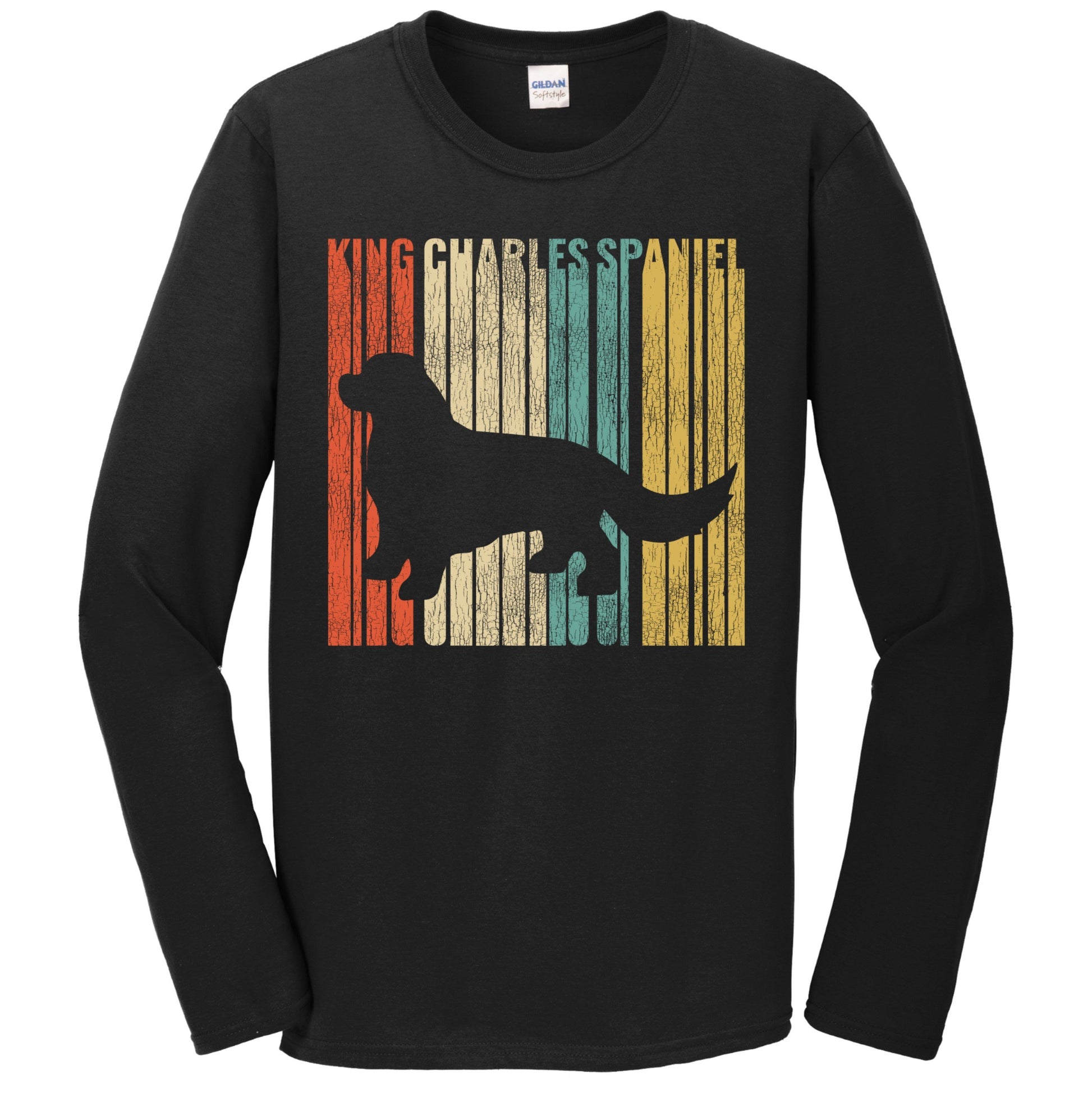 Retro 1970's Style King Charles Spaniel Dog Silhouette Cracked Distressed Long Sleeve T-Shirt