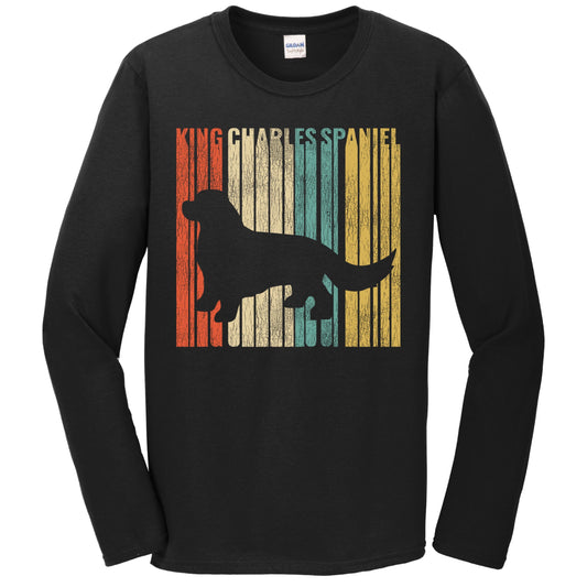 Retro 1970's Style King Charles Spaniel Dog Silhouette Cracked Distressed Long Sleeve T-Shirt