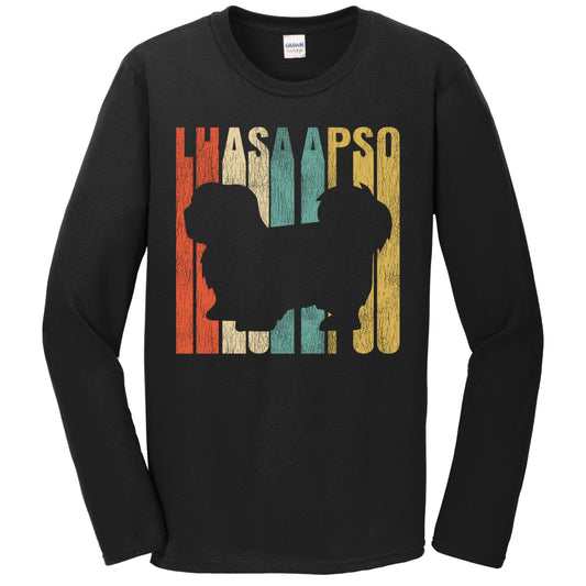 Retro 1970's Style Lhasa Apso Dog Silhouette Cracked Distressed Long Sleeve T-Shirt